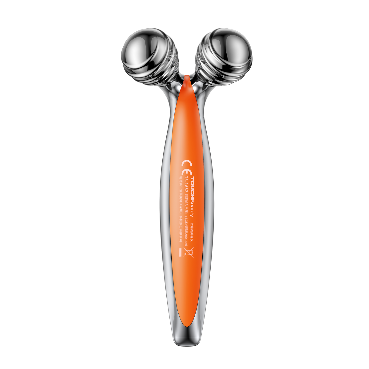Reverso del roller TOUCHBeauty ROLL con el panel solar naranja del mango y el marcado CE