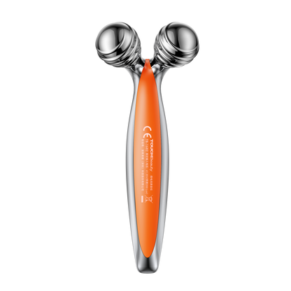Reverso del roller TOUCHBeauty ROLL con el panel solar naranja del mango y el marcado CE