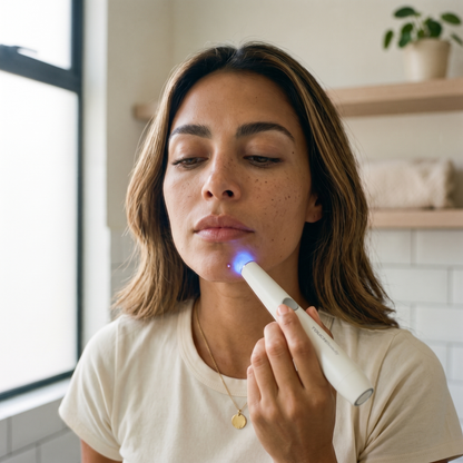 Mujer aplicando el lápiz TOUCHBeauty SPOT con luz azul sobre una imperfección del mentón