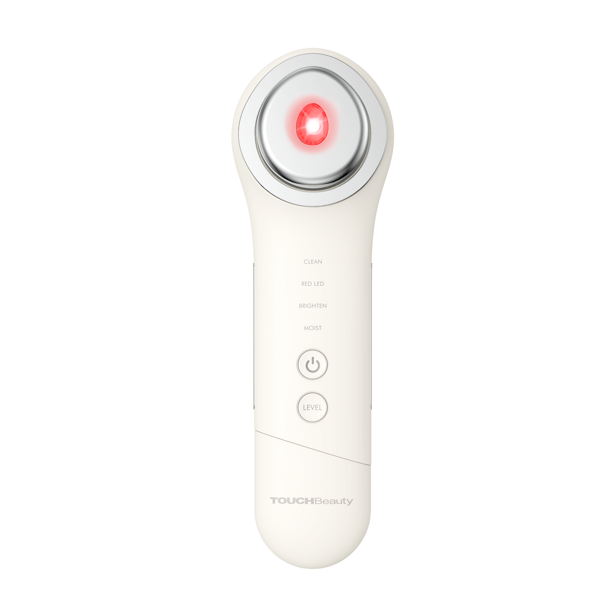 TOUCHBeauty BOOST en ángulo, con la luz roja activa y los indicadores de los cuatro modos