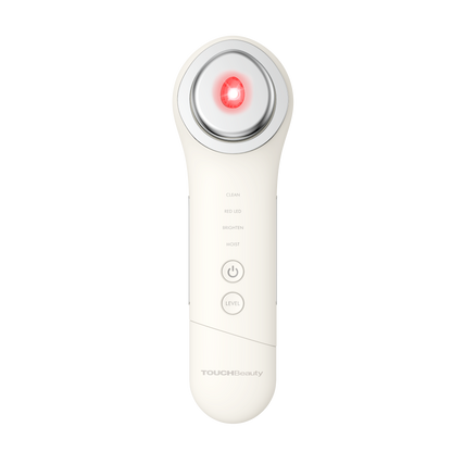 TOUCHBeauty BOOST en ángulo, con la luz roja activa y los indicadores de los cuatro modos