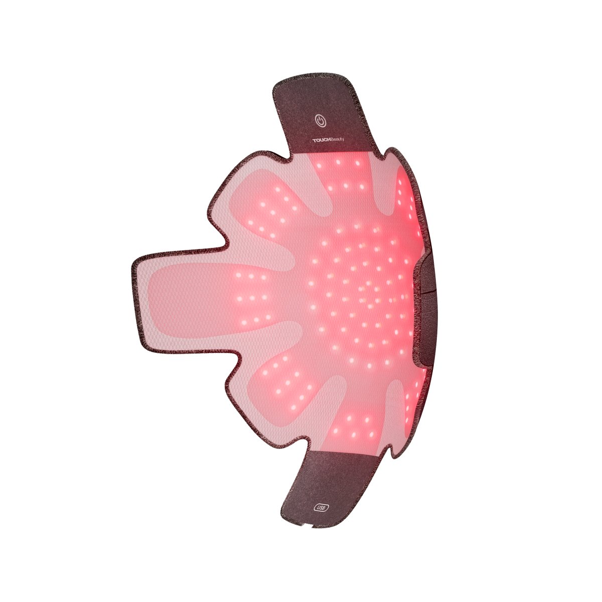Panel de luz roja capilar TOUCHBeauty PBM encendido, visto en ángulo