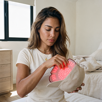 Mujer colocando el panel de luz roja TOUCHBeauty PBM dentro de su propia gorra, con los LED encendidos