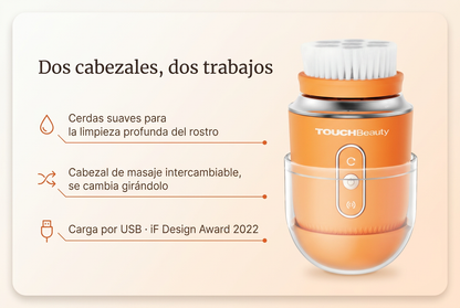 Los dos cabezales del Cepillo Facial AQUA: cerdas suaves para la limpieza profunda y cabezal de masaje intercambiable